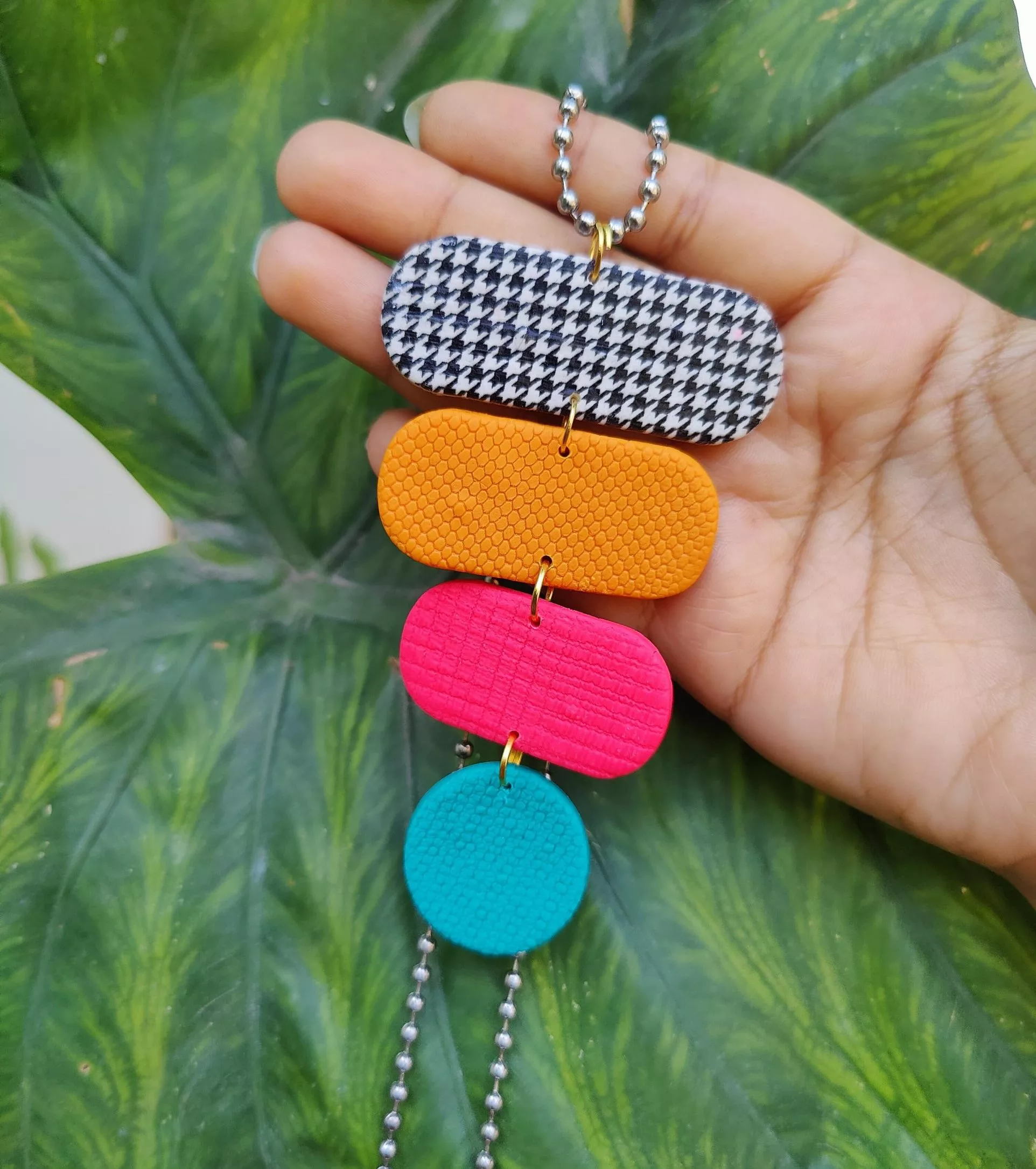Multi-Colored Square Rounds 4-Tier Houndstooth Necklace
