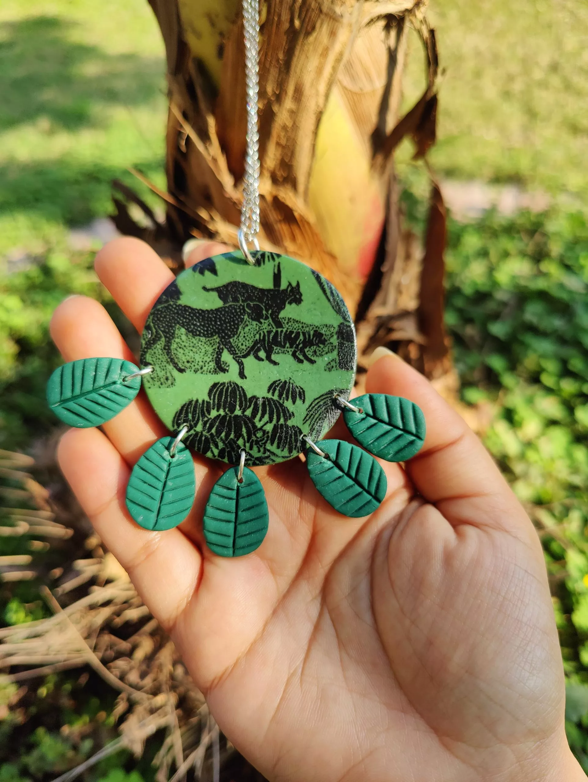Handmade Long Round Green Cheetah Print Necklace