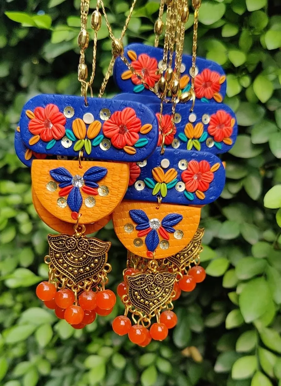 3-Tier Floral Ethnic Style Fusion Embellished Necklace in Blue, Mustard and Orange