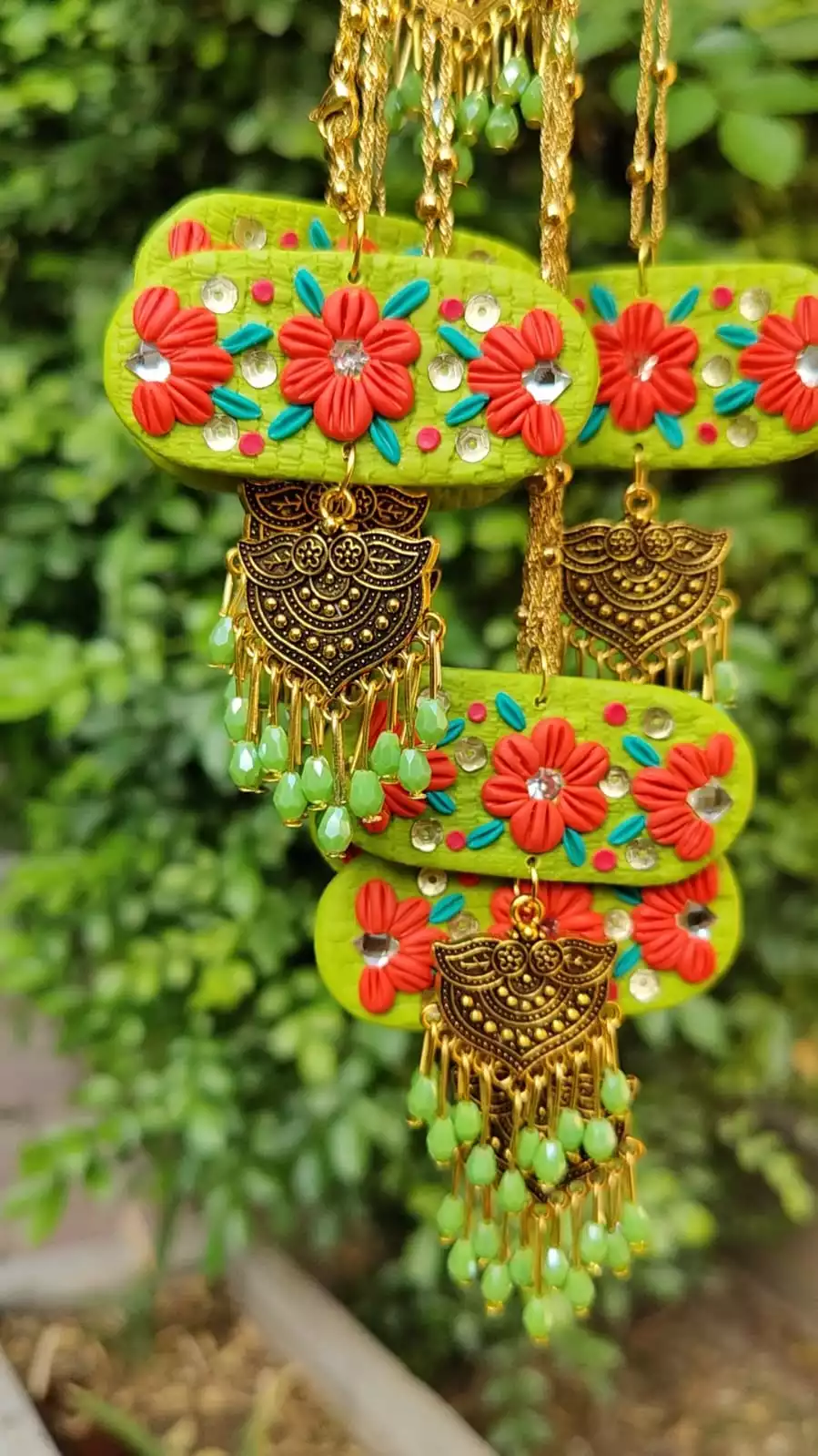 Floral Ethnic Style Fusion Embellished Necklace with Green Beads