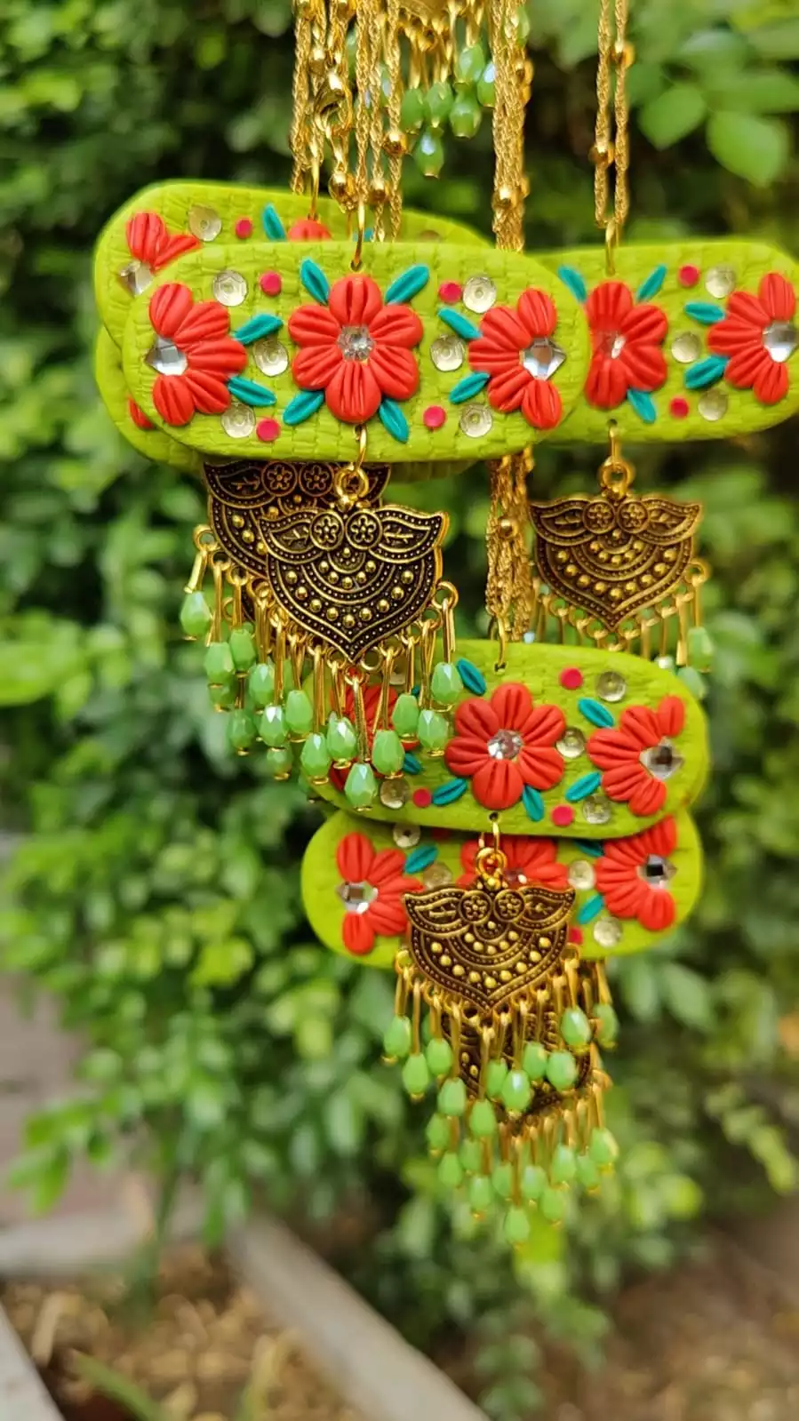 Floral Ethnic Style Fusion Embellished Necklace with Green Beads