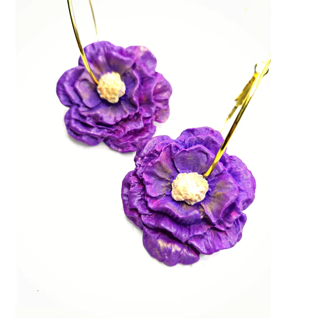 Handmade Golden Hoop Earrings in Purple Flower