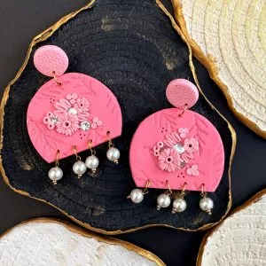 Semi-Circle Flower Embellished Pearl Earrings in Peach Color