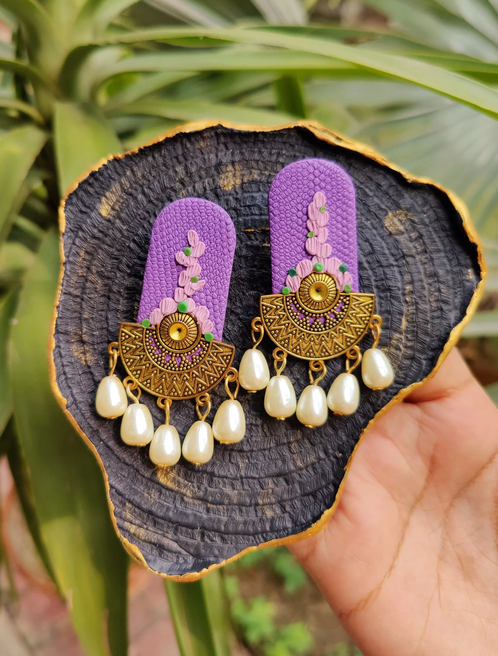 Polymer Clay Pearl Jhumka Earrings in Lavender