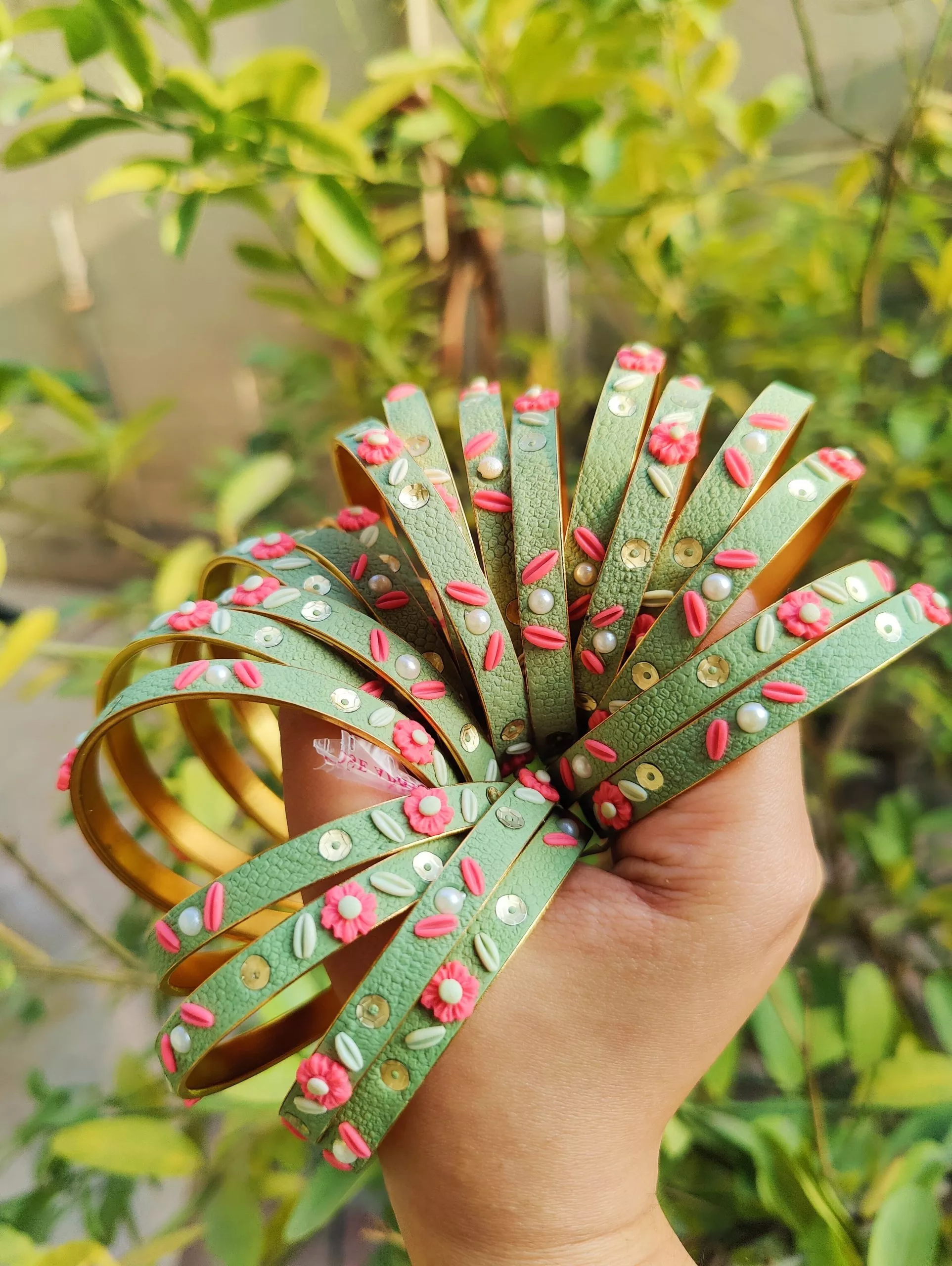 Embellished Fusion Bangles in Sage Green