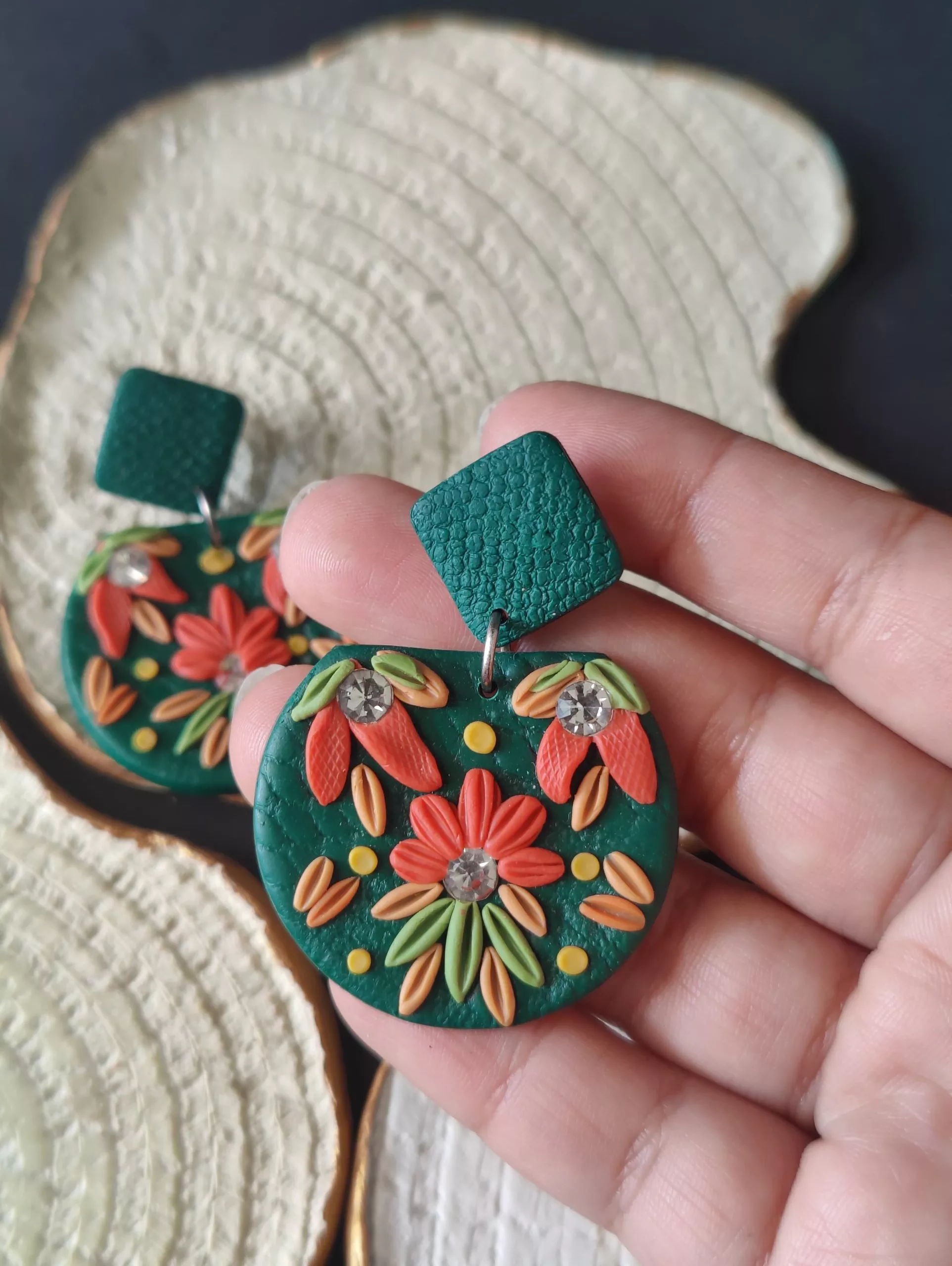 Handmade and lightweight, these Polymer Clay Earrings have Diamond top and Green base with Embellished.