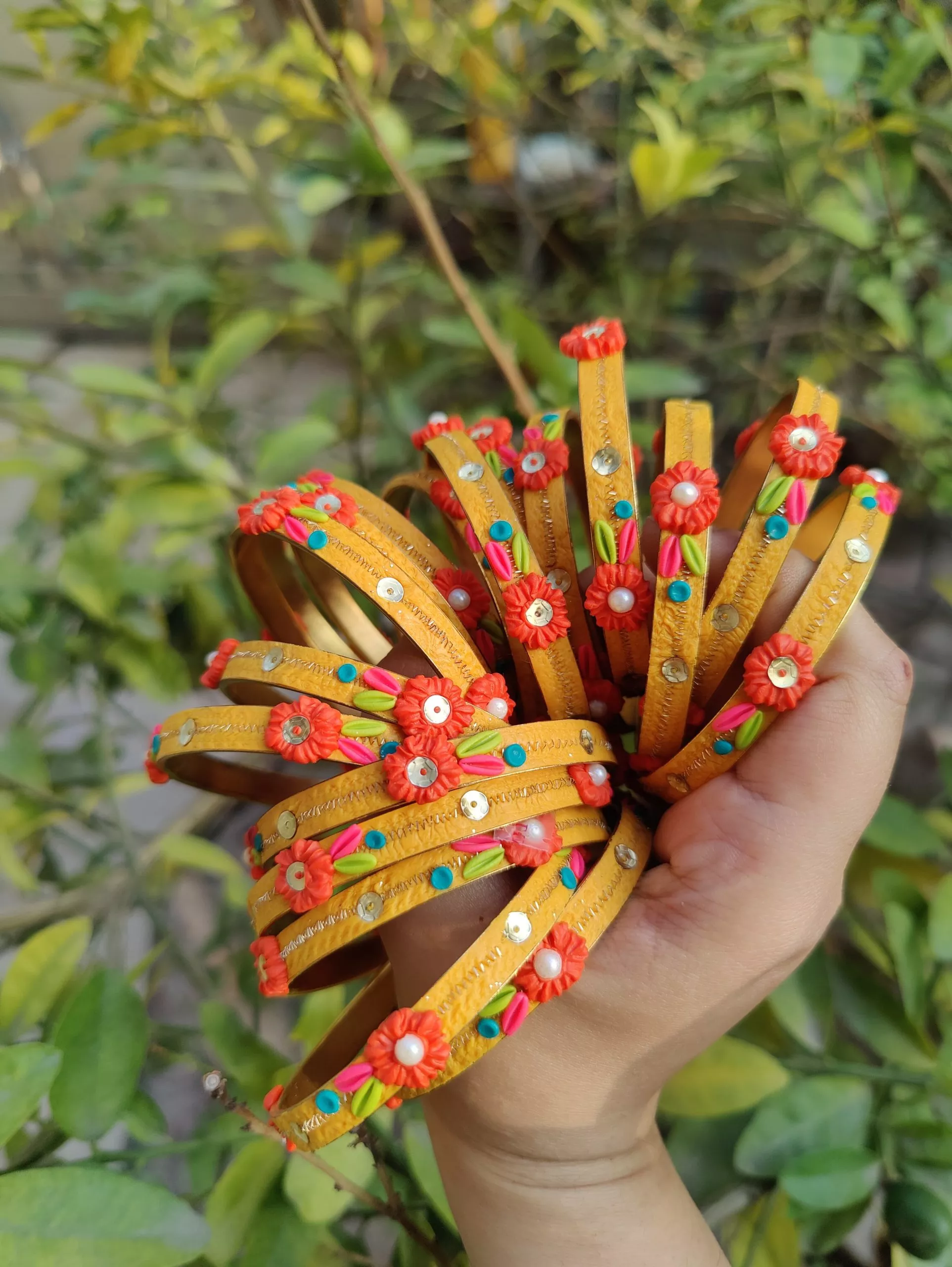 Unique Embellished Fusion Bangles in Yellow