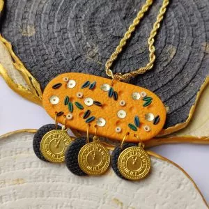 Ellipse Fusion Necklace with Golden Coin (Mustard + Black)