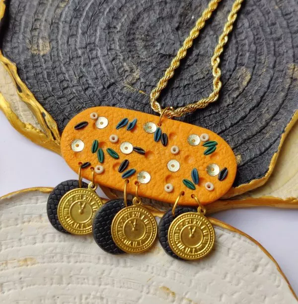 Ellipse Fusion Necklace with Golden Coin (Mustard + Black)