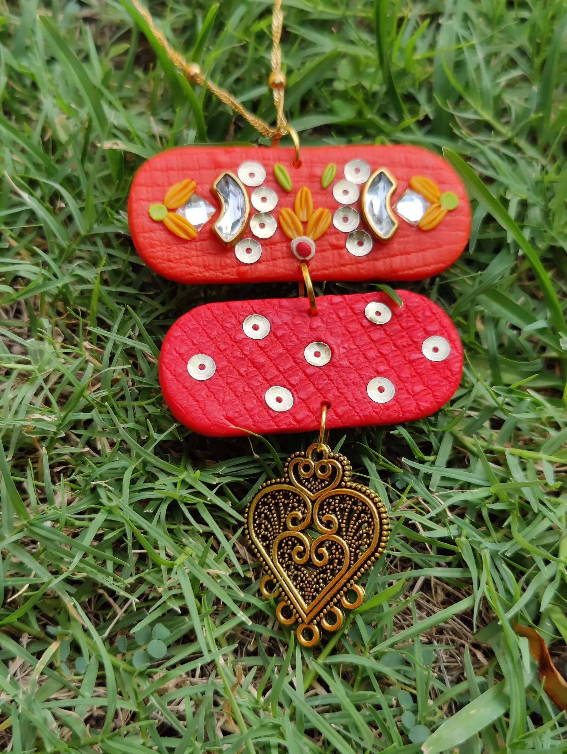 Ellipse Heart Fusion Necklace in Pink and Orange (3-tier)