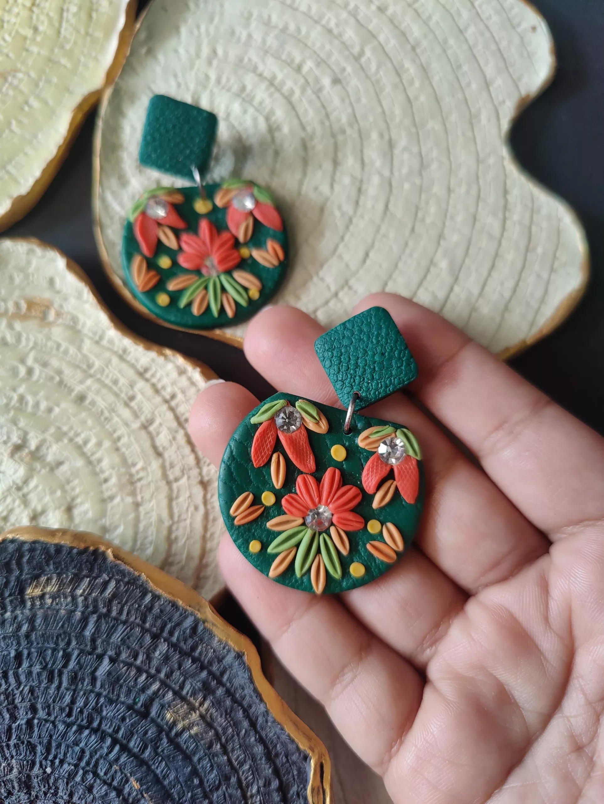 Handmade and lightweight, these Polymer Clay Earrings have Diamond top and Green base with Embellished.