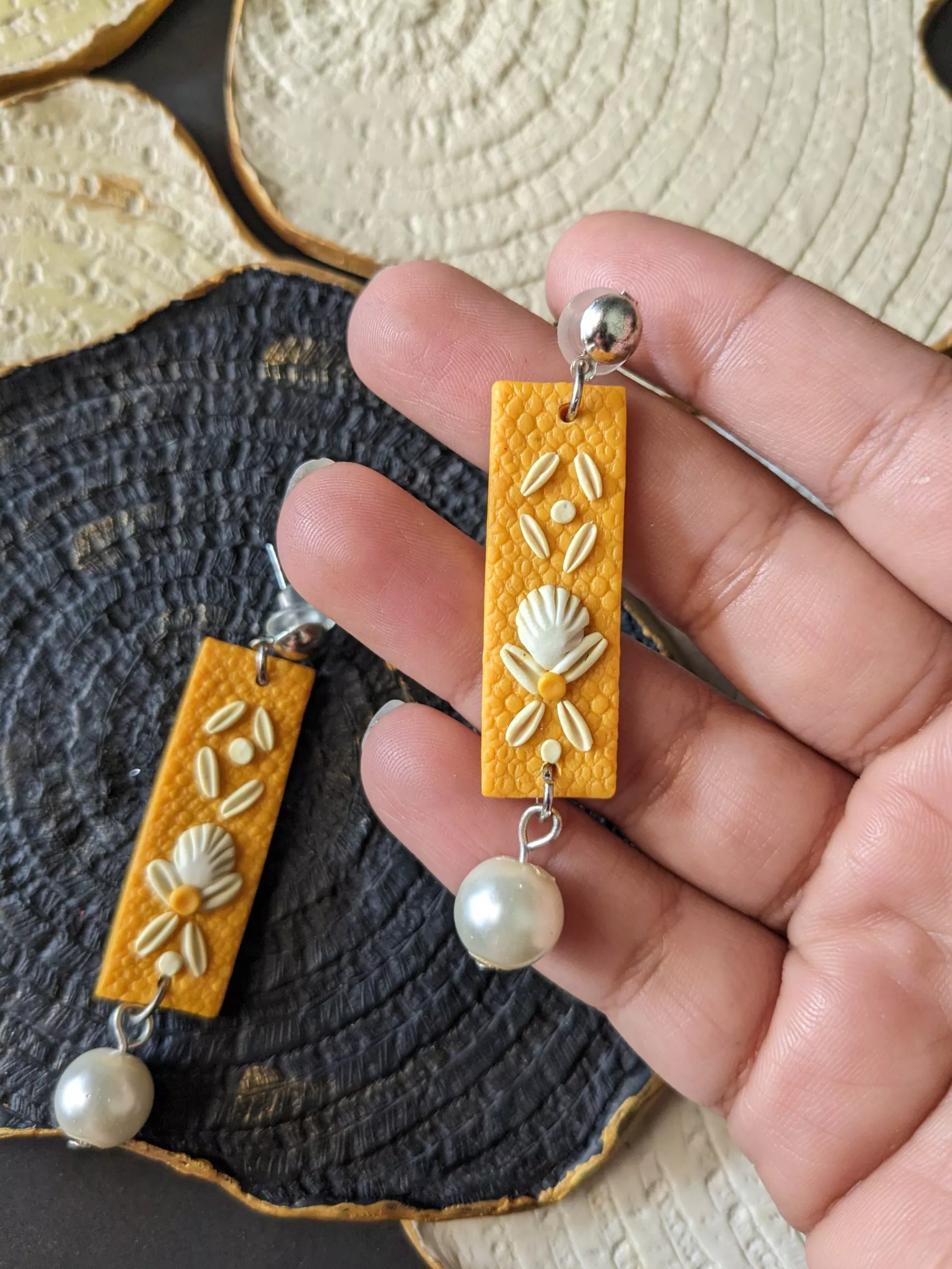 Long Fusion Embellished Pearl Earrings (Yellow Colors)