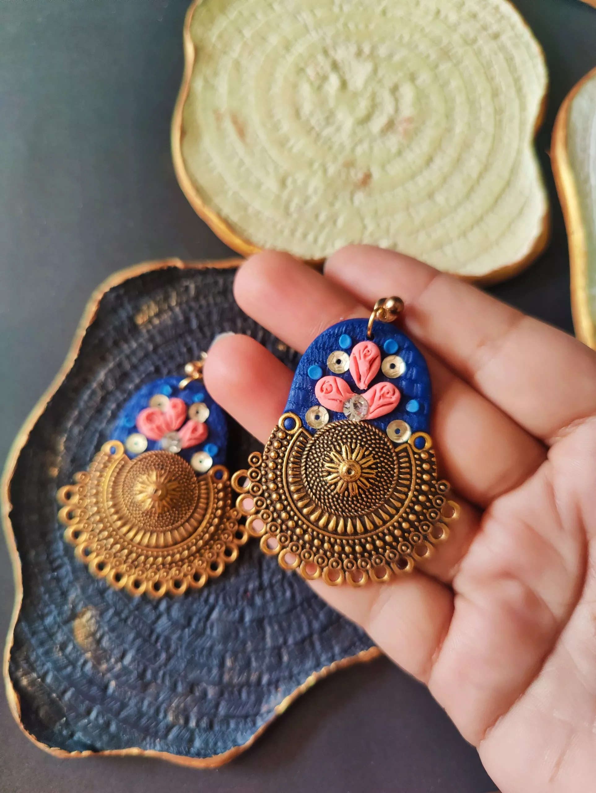 Fancy Round Polymer Clay Dangles in Royal Blue and Pink