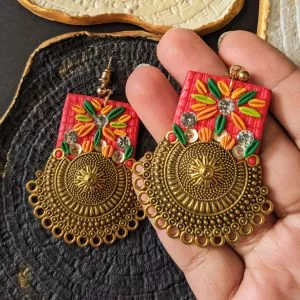 Fancy Round Fusion Jhumka Earrings (Red)