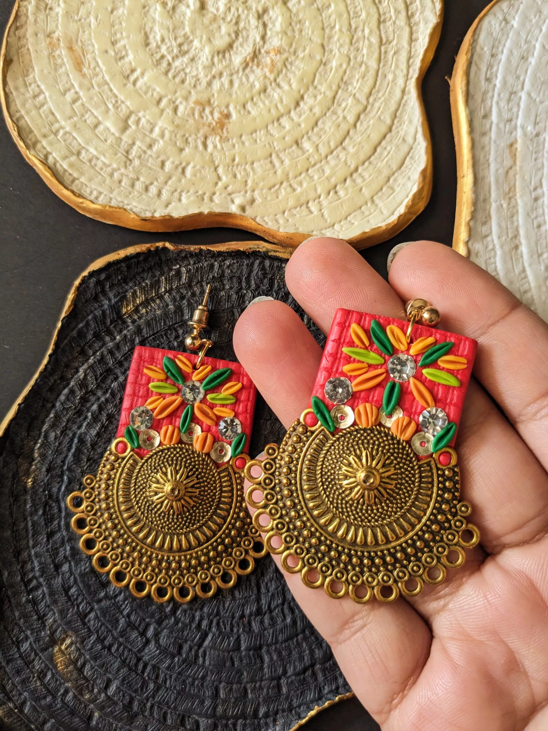 Fancy Round Fusion Jhumka Earrings (Red)