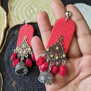 Indian Charm Beaded Jhumka Earring in Coral Red