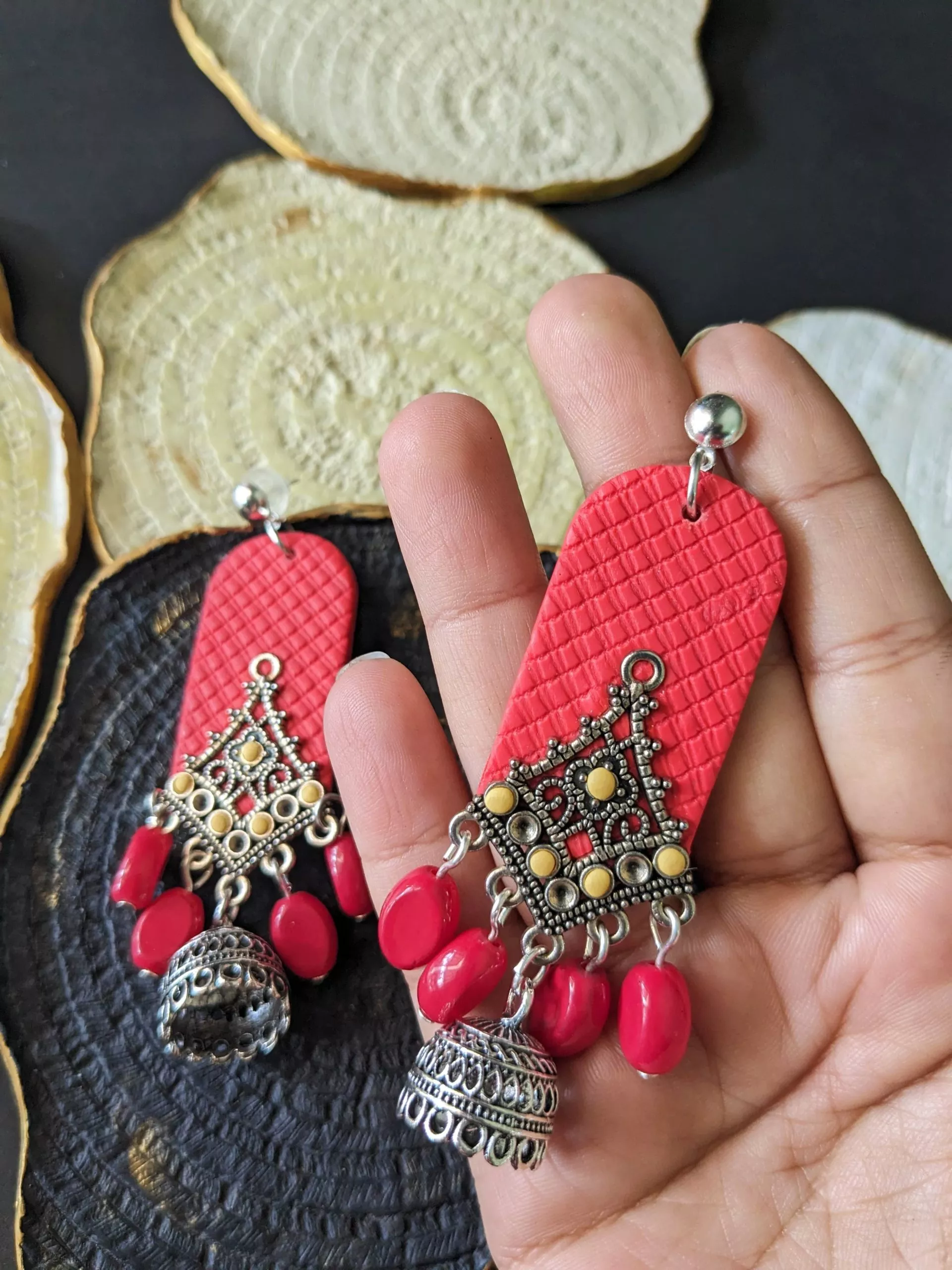 Indian Charm Beaded Jhumka Earring in Coral Red