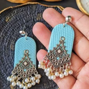 Pastel Fusion Indian Jhumka Earrings in Pastel Blue with small Pearls