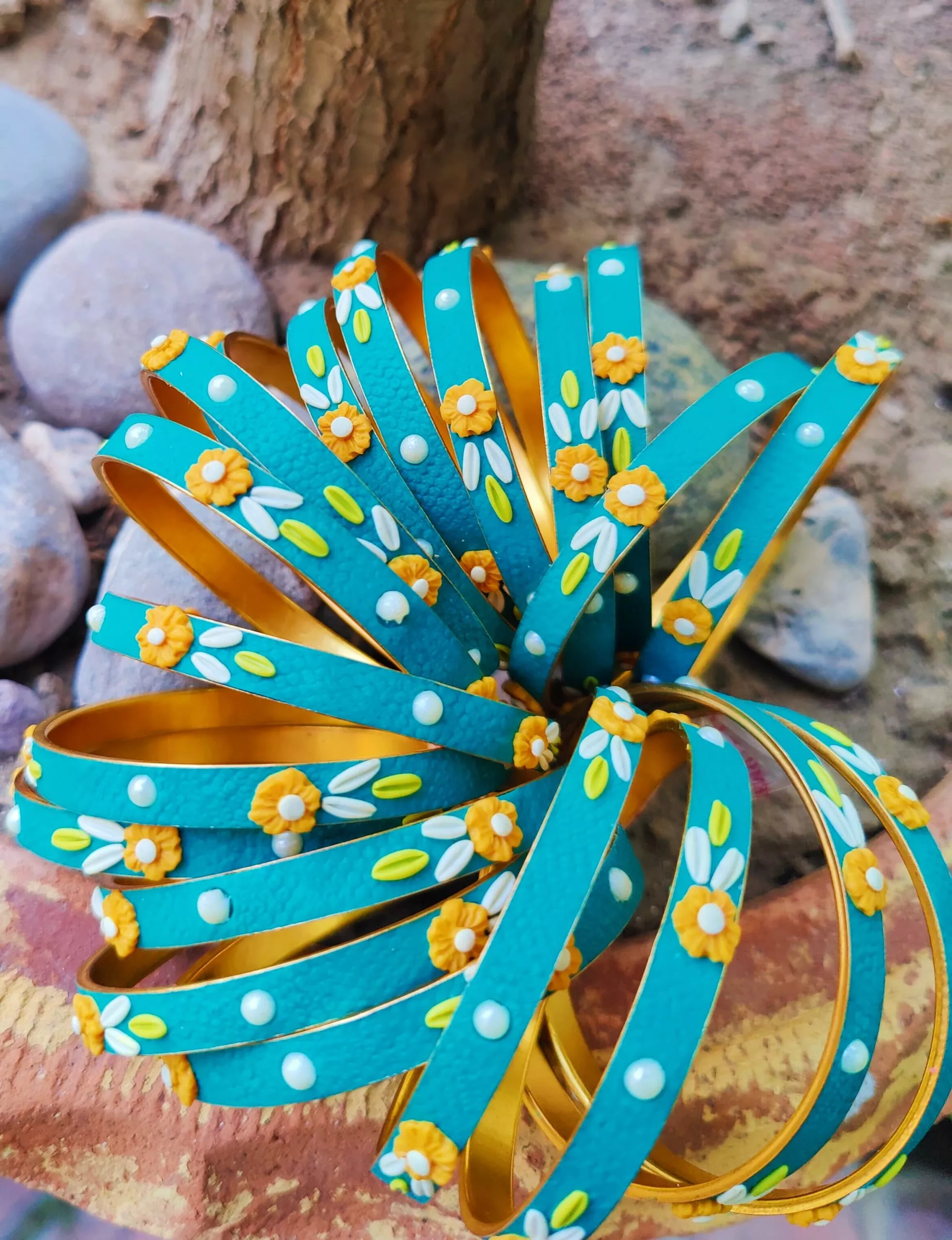 Unique Embellished Fusion Bangles in Ferozi