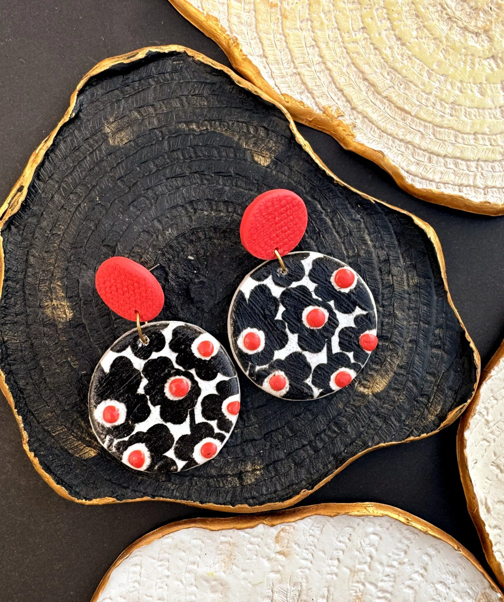 Imprinted Round Earrings (Black and Orange)