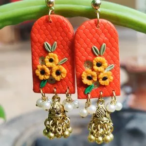 Ethnic Flower Jhumka Earrings in Burnt Orange