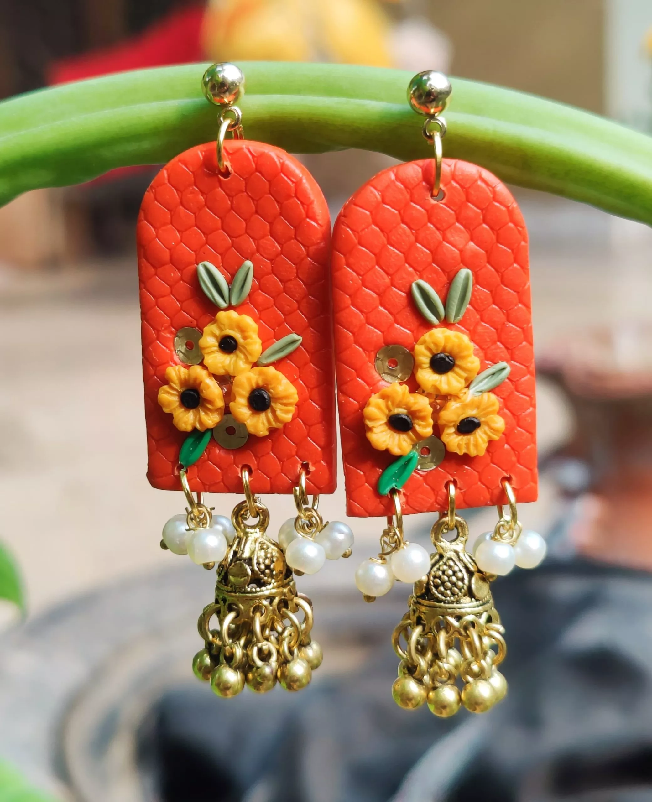 Ethnic Flower Jhumka Earrings in Burnt Orange