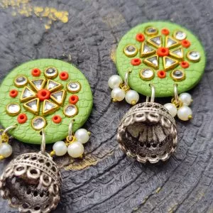 Round Fusion Triangle Shape Stones Jhumka Earrings