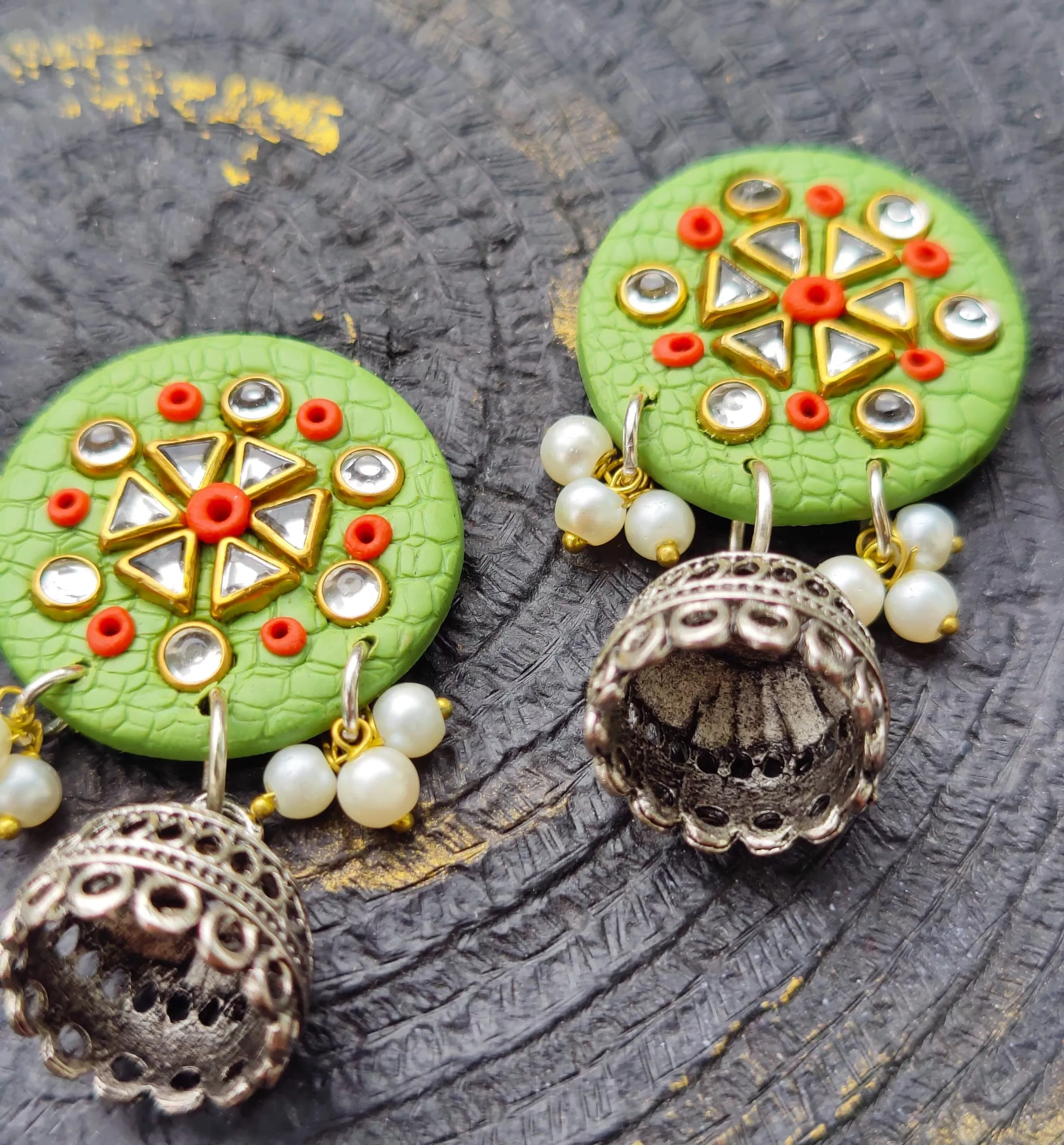 Round Fusion Triangle Shape Stones Jhumka Earrings