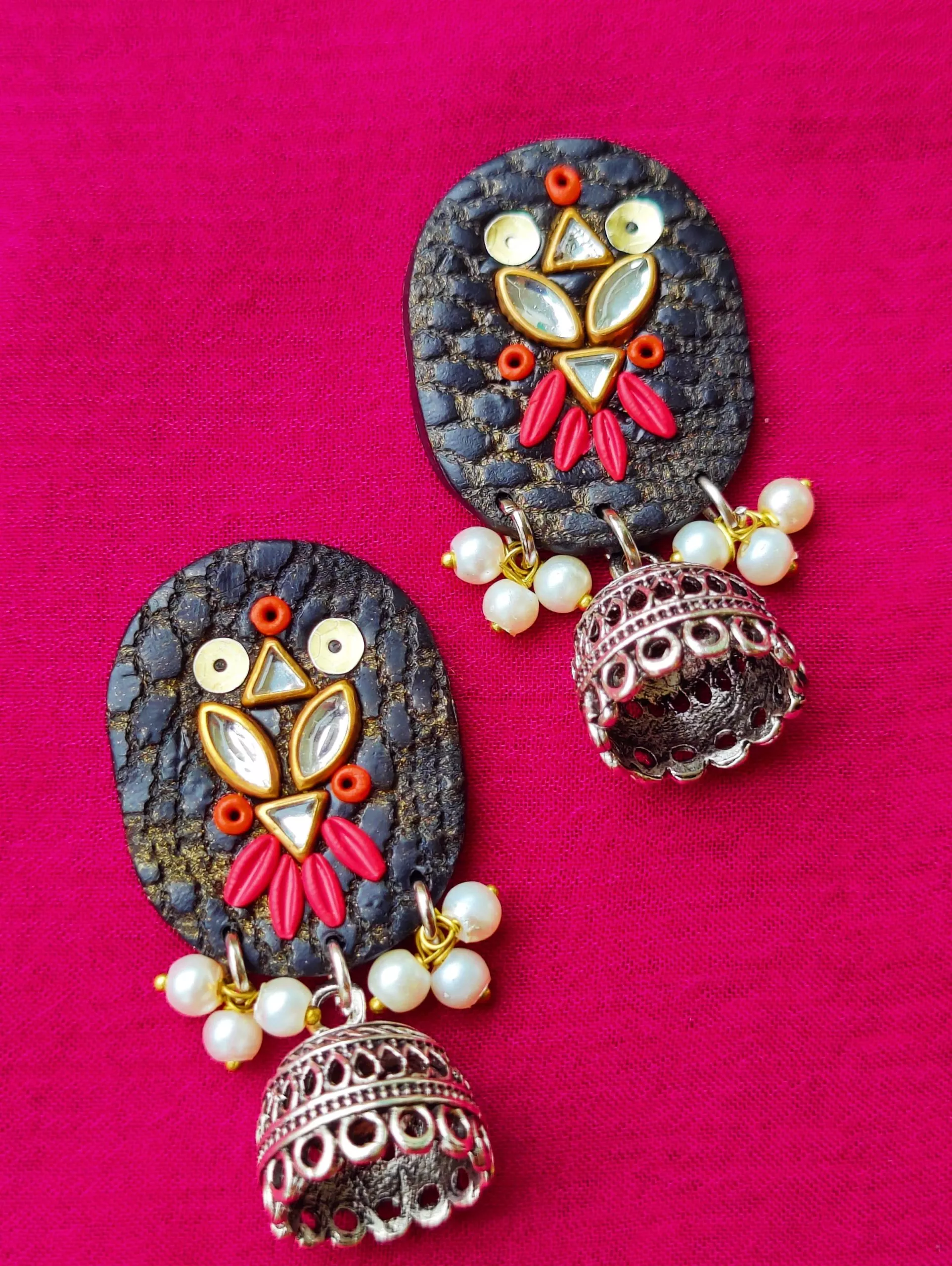 Oval-Shaped Pearl Jhumka Earrings in Black and Pink