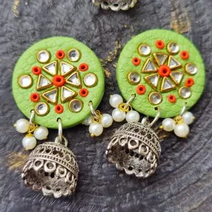 Round Fusion Triangle Shape Stones Jhumka Earrings with small pearls attached