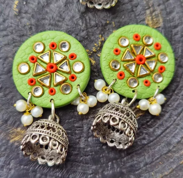 Round Fusion Triangle Shape Stones Jhumka Earrings with small pearls attached