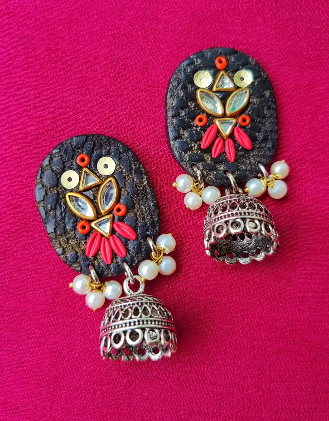 Oval-Shaped Pearl Jhumka Earrings in Black and Pink