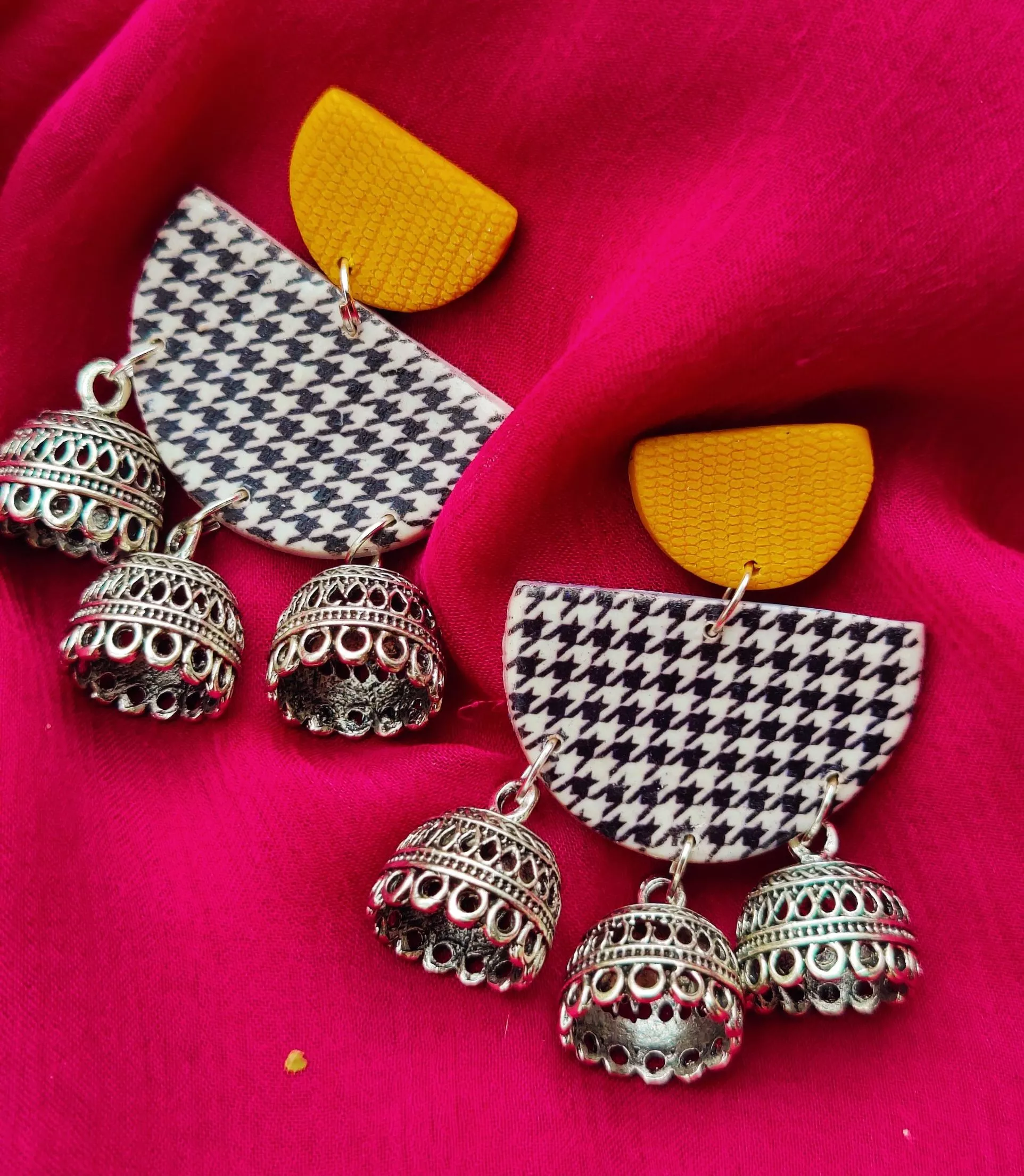 Semi-circle Houndstooth Jhumka Earrings