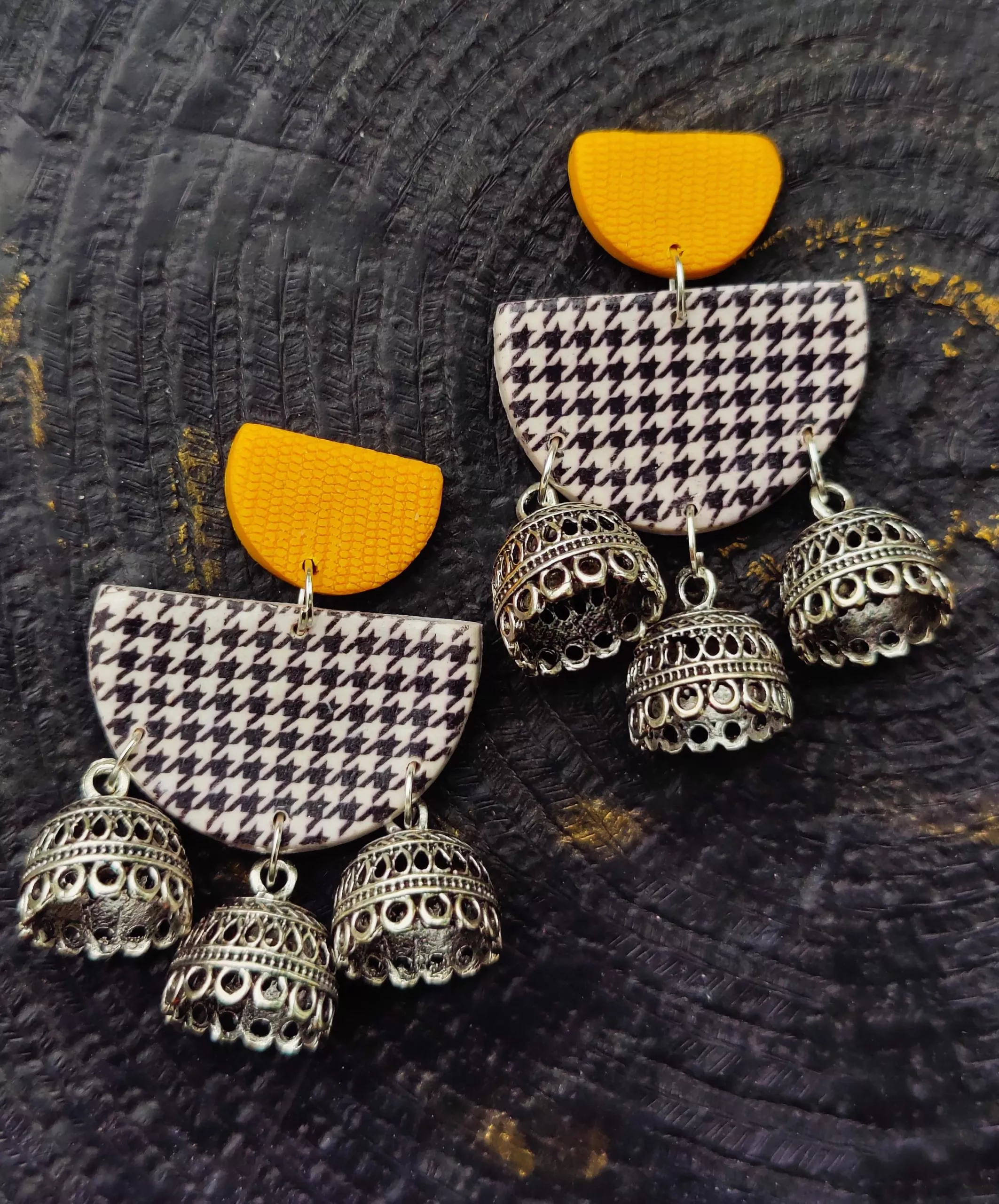 Semi-circle Houndstooth Jhumka Earrings