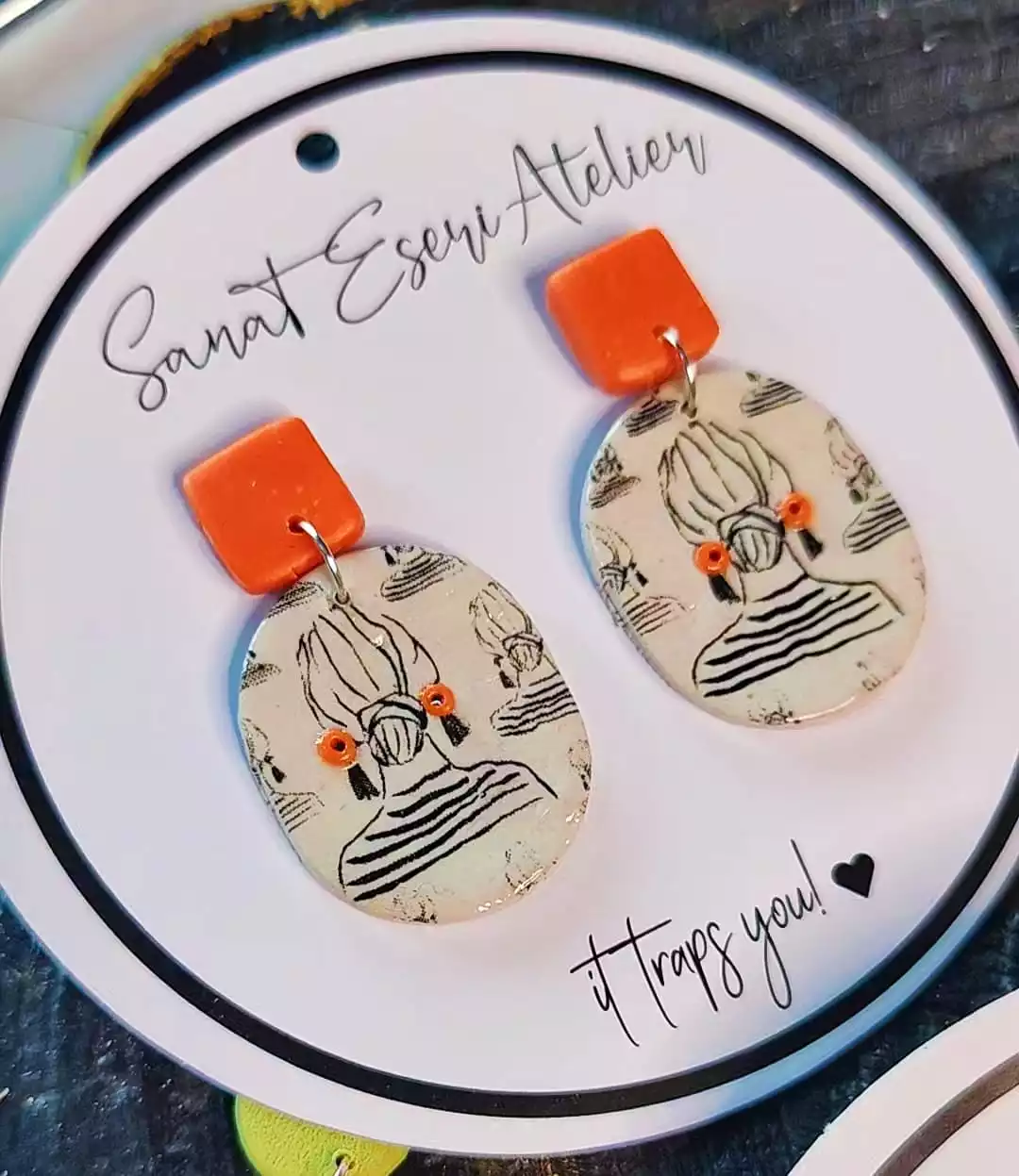 Imprinted Girl with a Bun Earrings in Orange and White