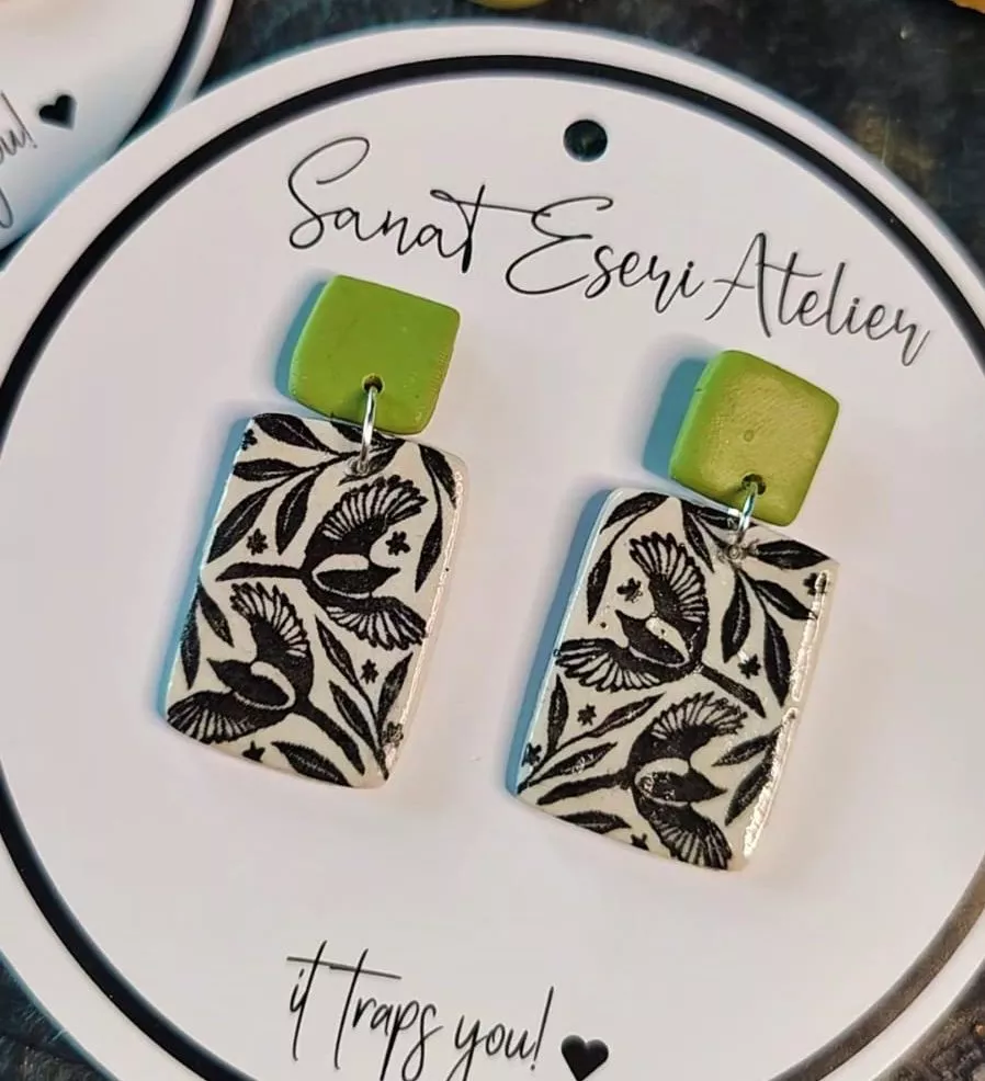 Imprinted Twin Pigeons Modern Earrings in Green and Black