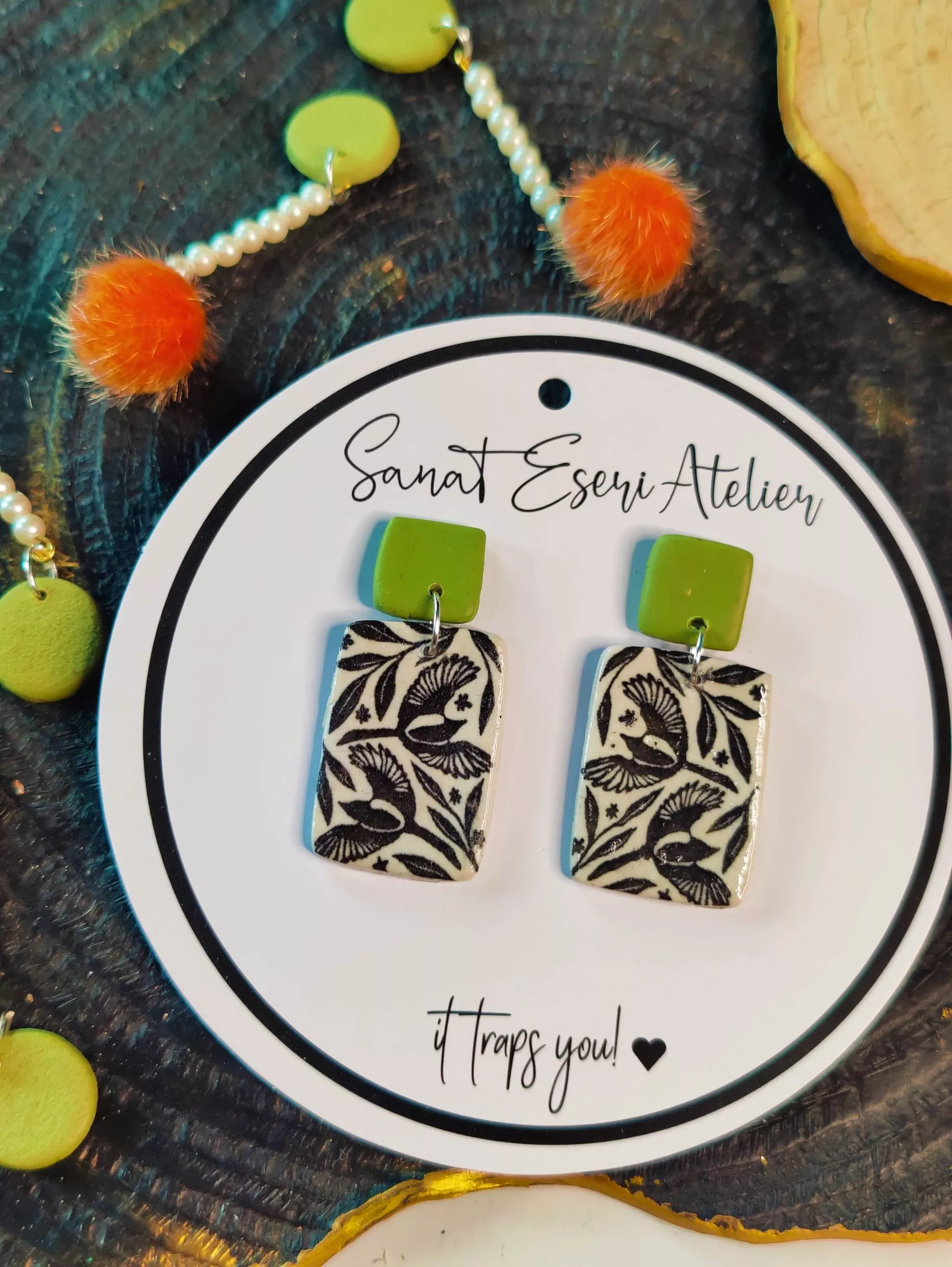 Imprinted Twin Pigeons Modern Earrings in Green and Black
