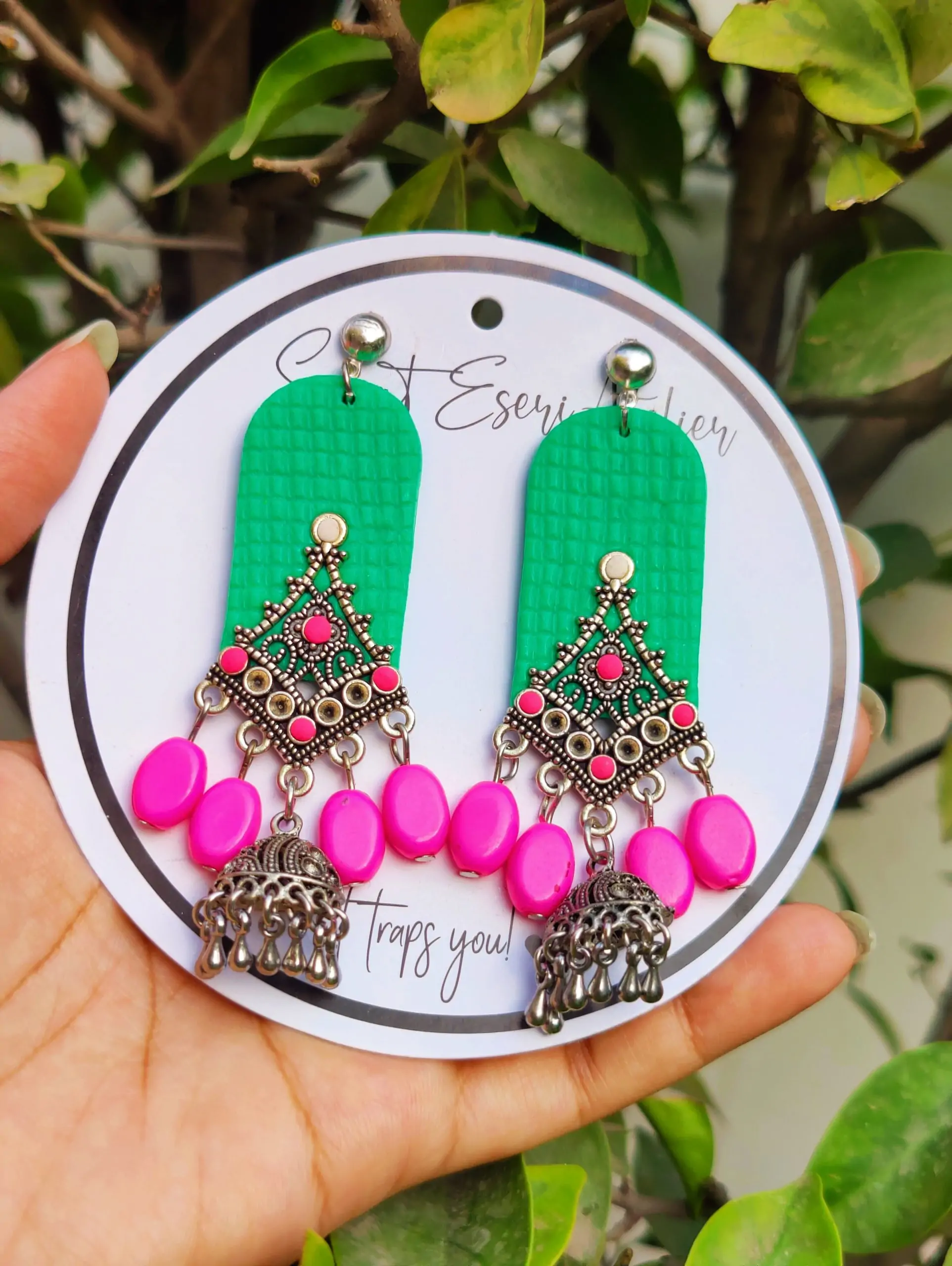 Long Handmade Traditional Pearl Earrings in Grass Green and Pink