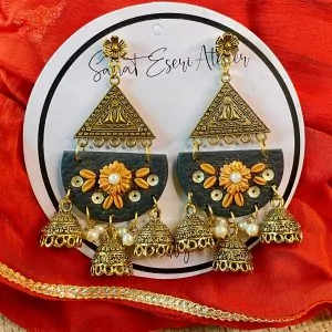 Trendy Ethnic Triple Jhumka Earrings in Black and Orange