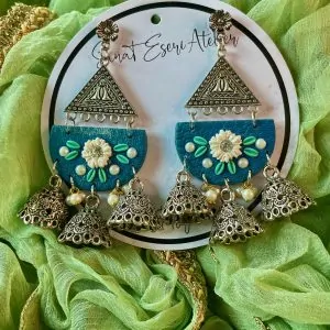 Trendy Ethnic Triple Jhumka Earrings in Bluish Zinc
