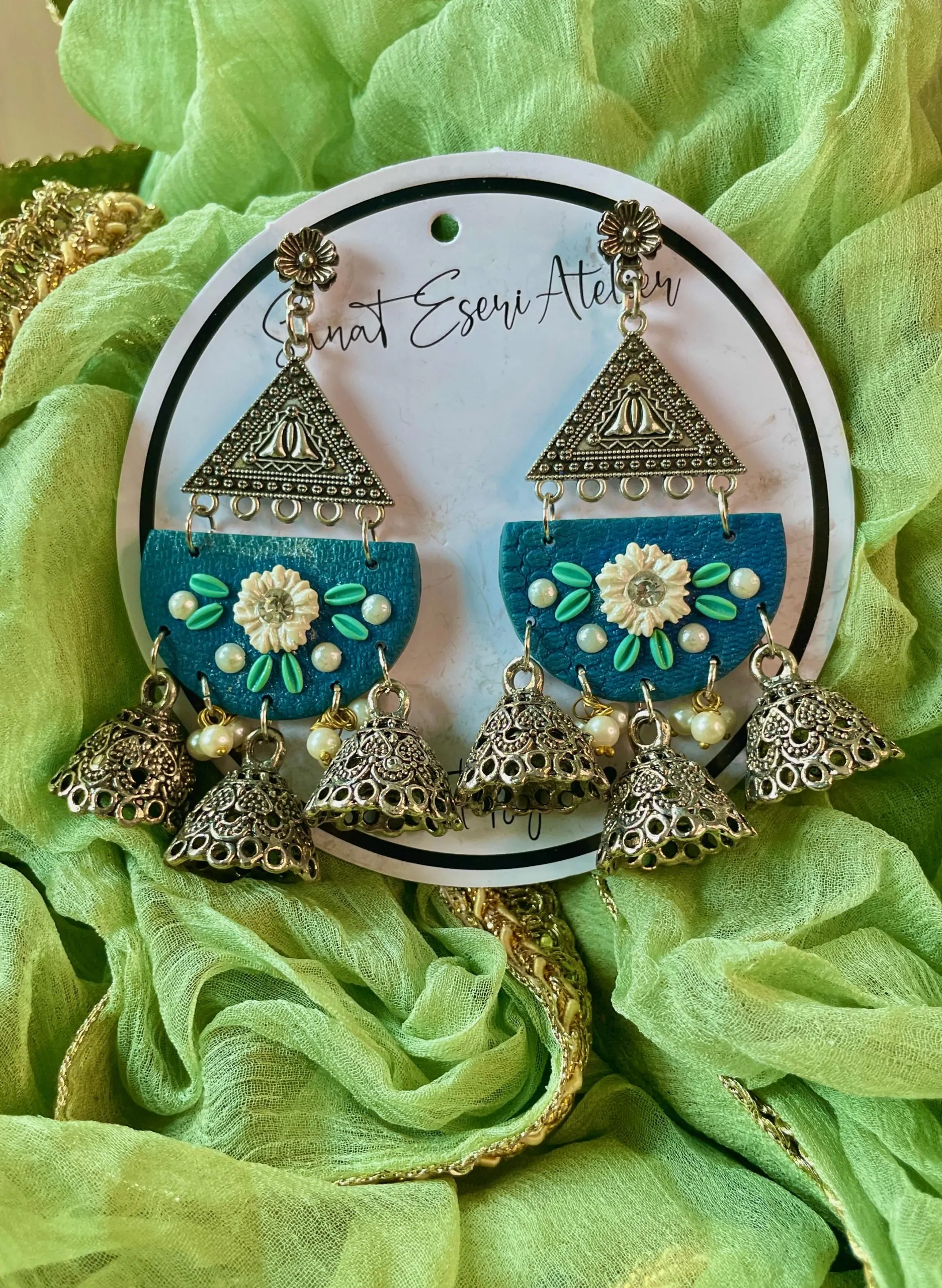Trendy Ethnic Triple Jhumka Earrings in Bluish Zinc