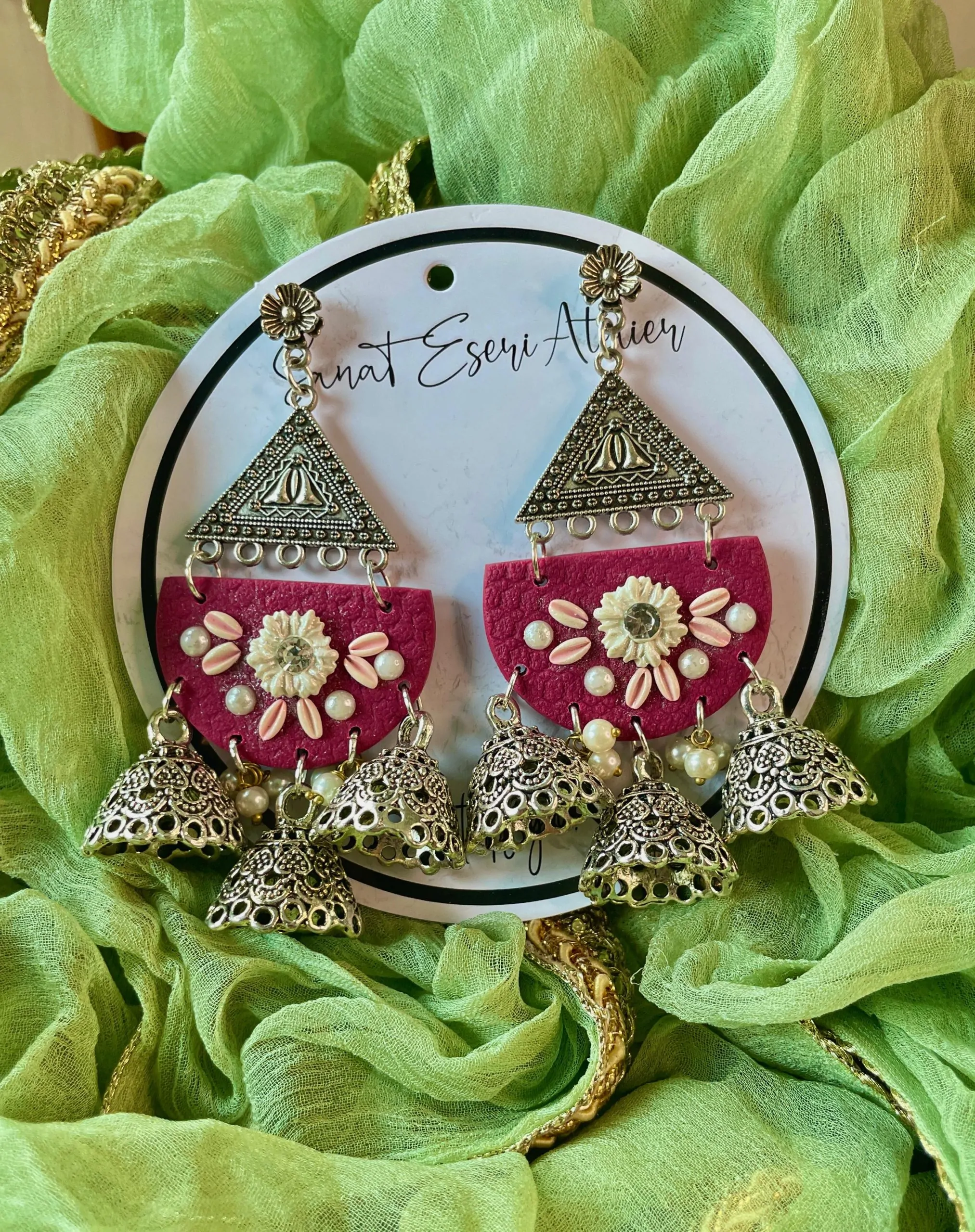Trendy Ethnic Triple Jhumka Earrings in Muted Dusty Pink