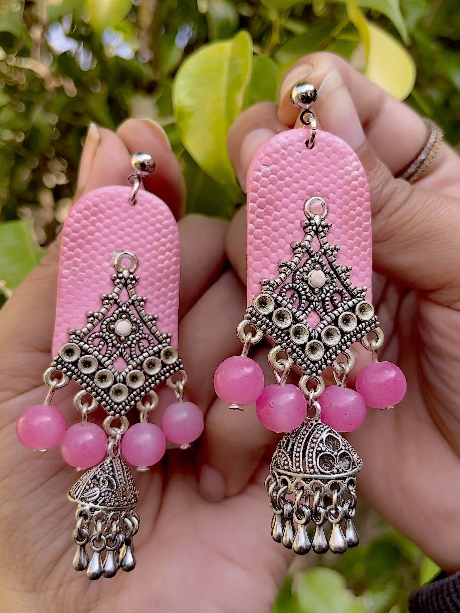 pink oxidized jhumka dangle earrings