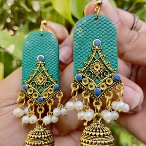 green and blue golden oxidized jhumka earrings with pearls