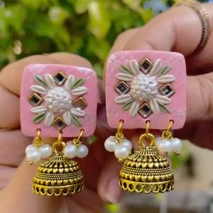 Blush Pink Square Floral Jhumka Earrings with Gold kundans