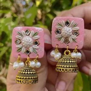 Blush Pink Square Floral Jhumka Earrings with Gold kundans