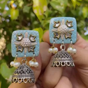 Sky blue square textured earrings with silver floral work and Jhumka bell drops.