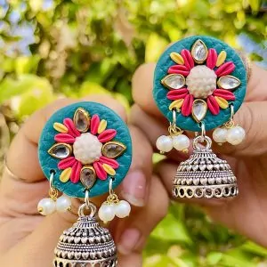 Handcrafted textured Jhumka earrings in various colors and geometric shapes.