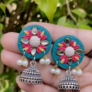Image Alt Text (General): Assorted handcrafted textured Jhumka earrings in various colors and geometric shapes.