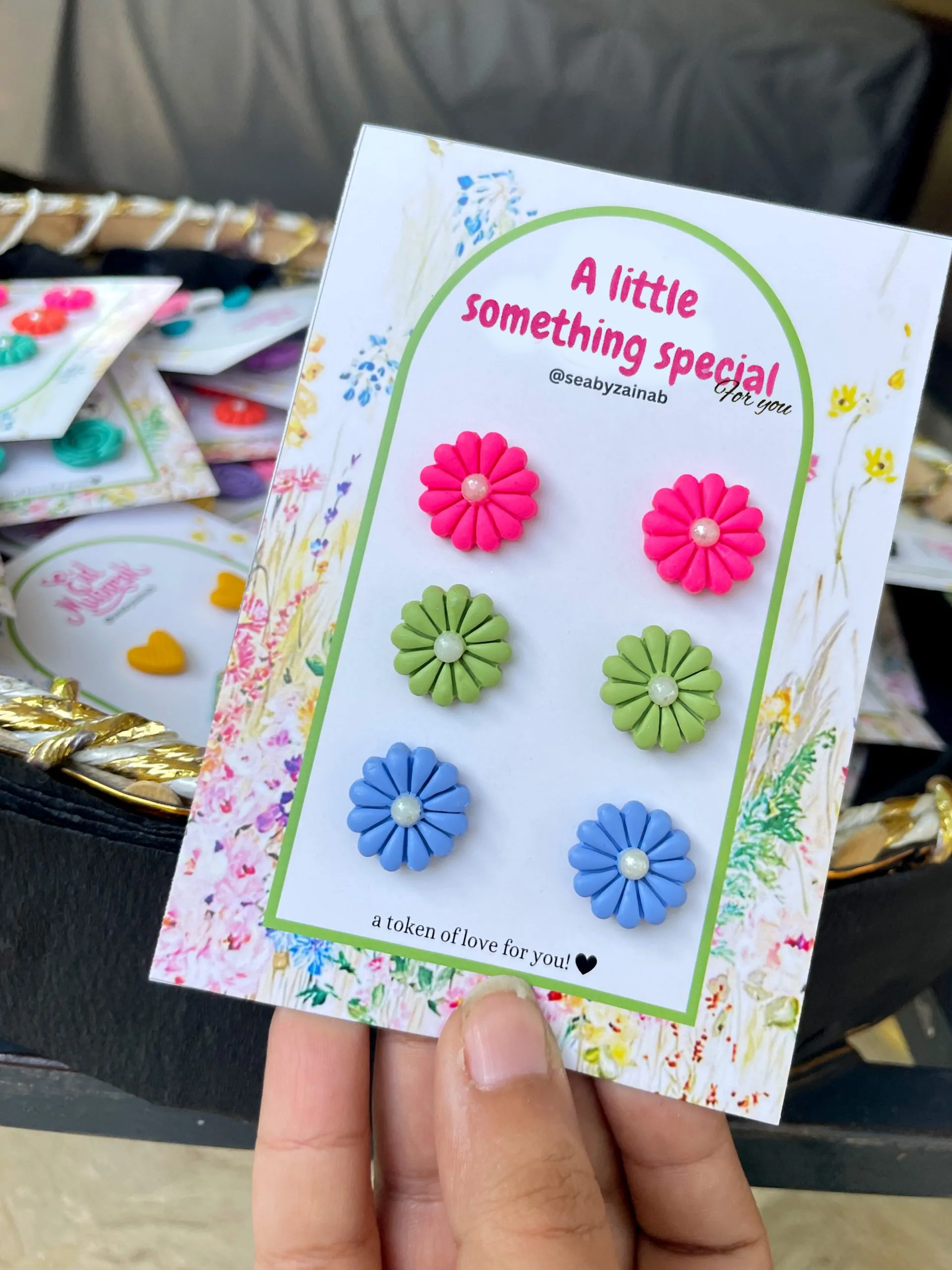 Bright pink, green, and blue 3-pair floral earring pack